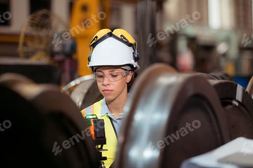 Preview: Railway technician in uniform and helmet inspect the train wheels removed from the locomotives