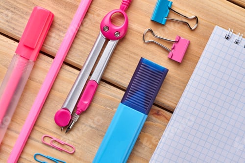 Preview: Stationery set on wooden table.