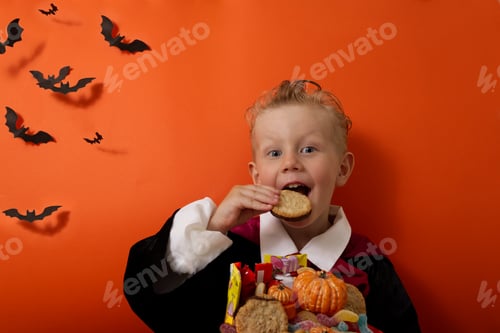 Preview: A boy in a vampire costume holds a bucket of sweets on an orange background