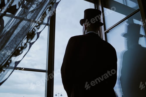 Preview: Caucasian Middle Aged Man Wearing Top Hat Standing by Window Looking Outside