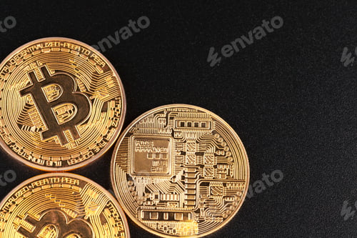 Preview: Golden Bitcoins On Black Background. Trading Concept Of Crypto Currency