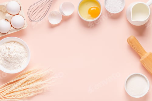 Preview: Ingredients for baking on light pink background.