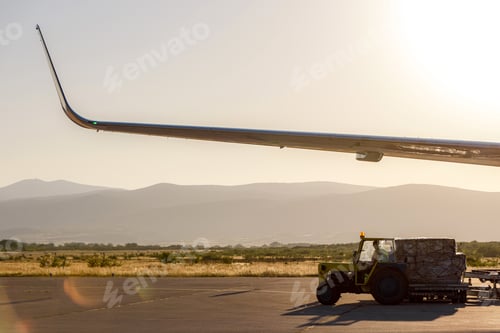 Preview: Cargo is loaded onto a truck near an airplane during sunset at an airport in a remote area