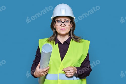 Preview: Woman engineer architect in helmet protective vest on white background