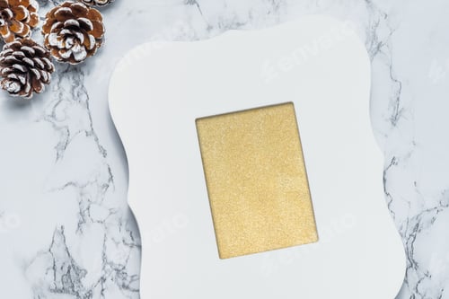 Preview: vintage white photo frame and gold glitter insert with pine cones