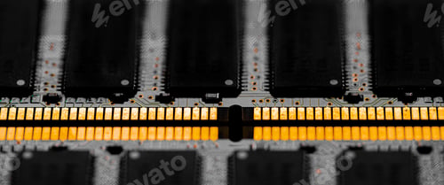 Preview: Macro Close up of computer RAM chip and motherboard