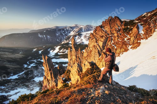 Preview: Colorful spring sunset over the mountain ranges in the national park Carpathians. Ukraine, Europe