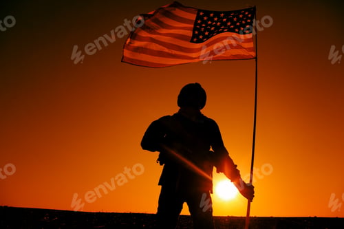 Preview: American soldiers with national flag silhouette