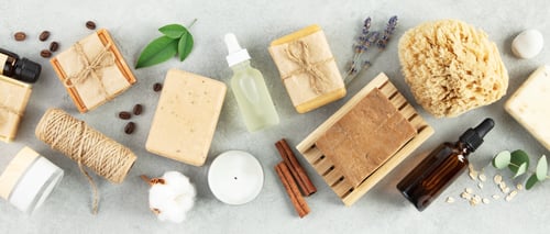 Preview: Top view photo of natural hand made soap bar and eco friendly personal care products