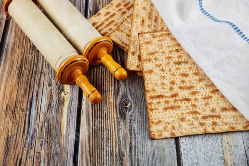 Preview: Matzah, tallit and torah on wooden background.