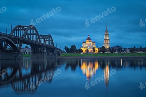 Preview: Rybinsk, Russia. Cathedral and bridge reflecting in Volga river