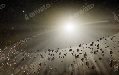 Preview: 3d shining explosion and scattered rocks in the deep space