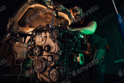 Preview: Mechanic installing engine into a car's frame inside a workshop.
