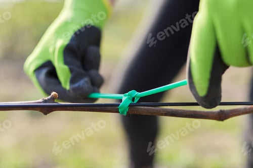 Preview: Hands of gardener tying vine with tape to the support, closeup