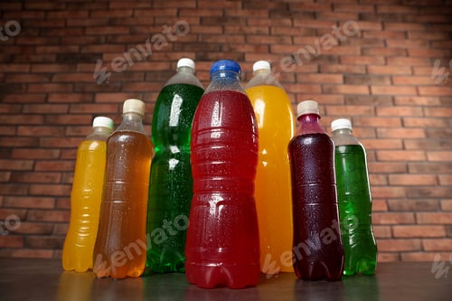 Preview: Bottles of soft drinks with water drops on table against brick wall, low angle view