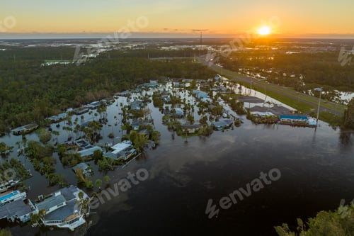 Preview: Heavy flood with high water surrounding residential houses after hurricane Ian rainfall