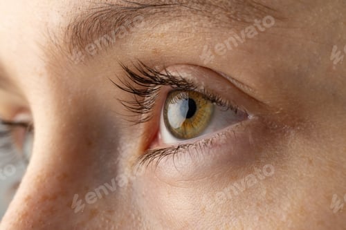 Preview: Close up of eyes of caucasian woman on grey background