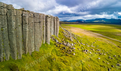 Preview: Areal view of Gerduberg basalt column cliffs, Snæfellsnes Peninsula, Iceland