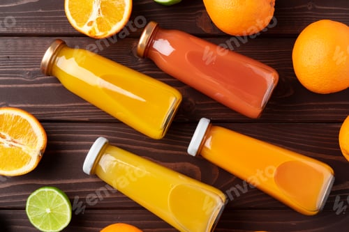 Preview: Fruit drink in glass bottle and frsh fruits on wooden background