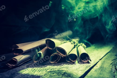 Preview: Vintage witcher cottage full of scrolls and recipe with green light for Halloween