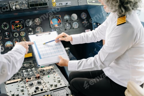 Preview: Mature commercial male pilot Beautiful middle aged woman airplane captain instructor has a meeting,