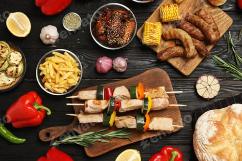 Preview: Flat lay composition with barbecued meat and vegetables on black wooden table