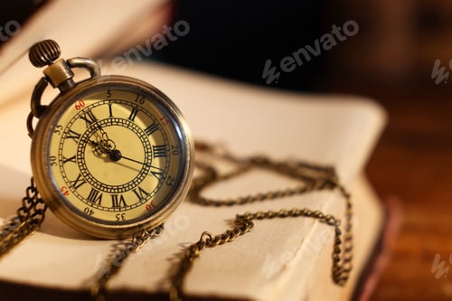 Preview: Pocket clock with chain and book on table, closeup. Space for text