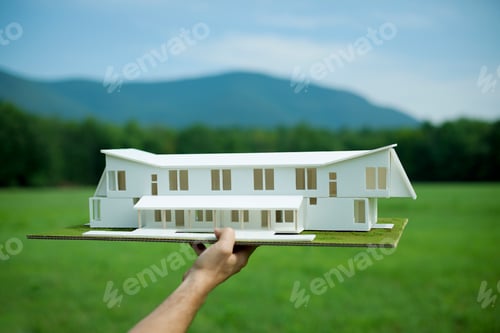 Preview: A rural scene and mountain range, and a person holding a scale model of a new building.