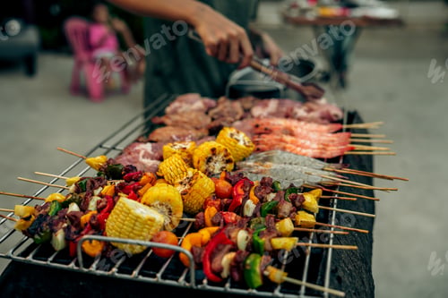 Preview: Home Garden BBQ Party, Wine Glasses Clink in Family Toast, enjoying harvest time together outside