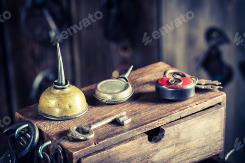 Preview: Old locksmiths workshop with ancient tools
