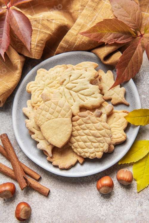 Preview: Autumn cookies on plate with cinnamon and hazelnuts