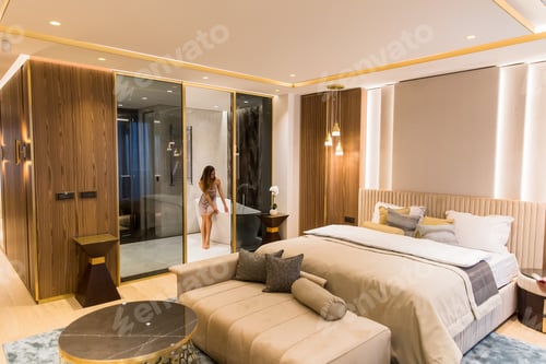 Preview: Young woman in the bathroom of a contemporary apartment