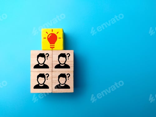 Preview: olored blocks with the question and idea icons - concept of teamwork and problem-solving