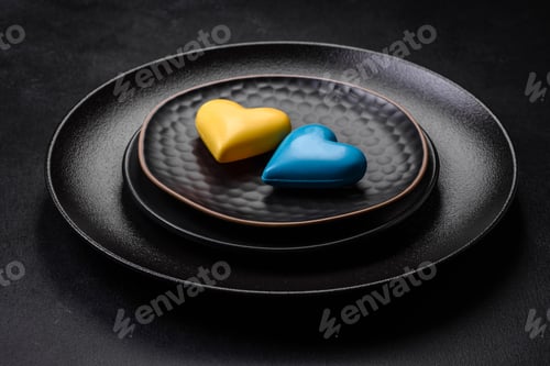 Preview: Chocolate hearts in the colors of the Ukrainian flag on a black ceramic plate