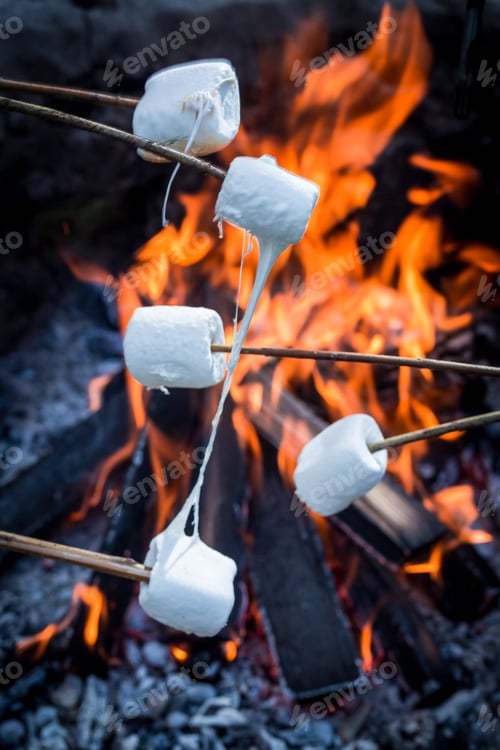 Preview: Sweet and hot marshmallows on stick and bonfire