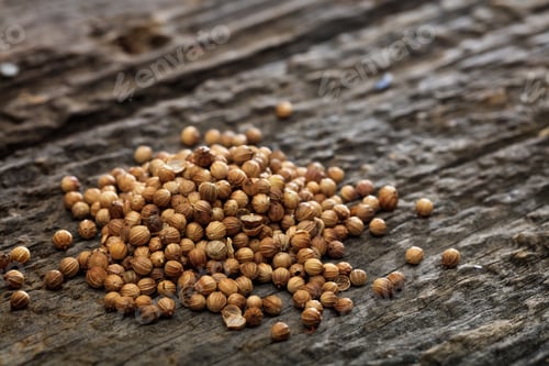 Preview: Dried coriander seeds in a pile set on old wooden surface