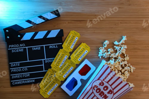 Preview: clapper board, movies tickets and popcorn.