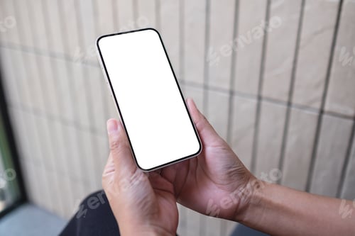 Preview: Mockup image of a woman holding and using mobile phone with blank desktop screen