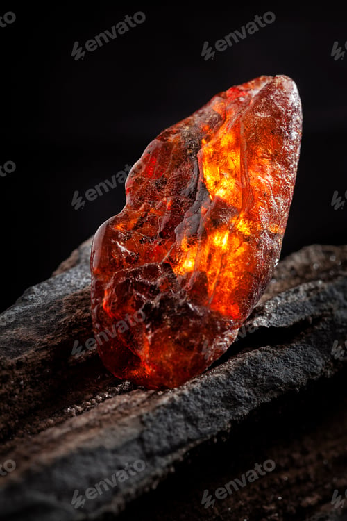 Preview: Natural amber. A piece of yellow and red semi transparent natural amber on piece of stoned wood