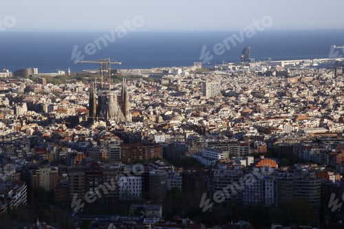 Preview: Aerial view of the city of Barcelona and the holy family under construction