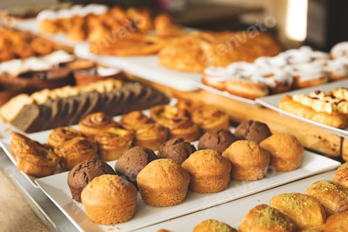 Preview: Baked pastries, muffins and sweet rolls displayed on buffet table in bakery or cafe