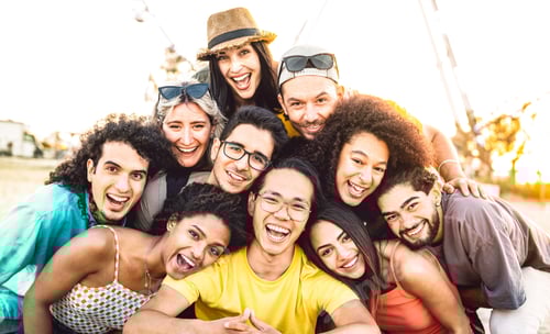 Preview: Multi racial diverse friends taking selfie at beach party festival