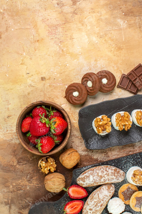 Preview: top view yummy sweets with fruits candies and cookies on a wooden desk sweet sugar biscuit