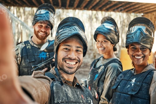 Preview: Paintball team, happy selfie and group together, smile and happiness for action game, army mission