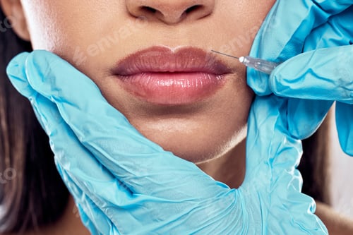 Preview: Shot of a woman having her lips injected with filler against a studio background