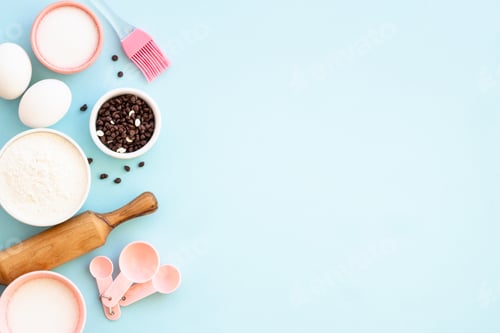 Preview: Food baking background at blue flat lay.
