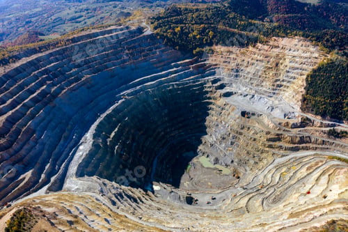 Preview: Flying above an open pit mine, copper excavation in Rosia Poieni, Romania. Aerial view