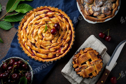 Preview: Homemade open cherry pie with lattice on a dark concrete background. Selective focus. Top view