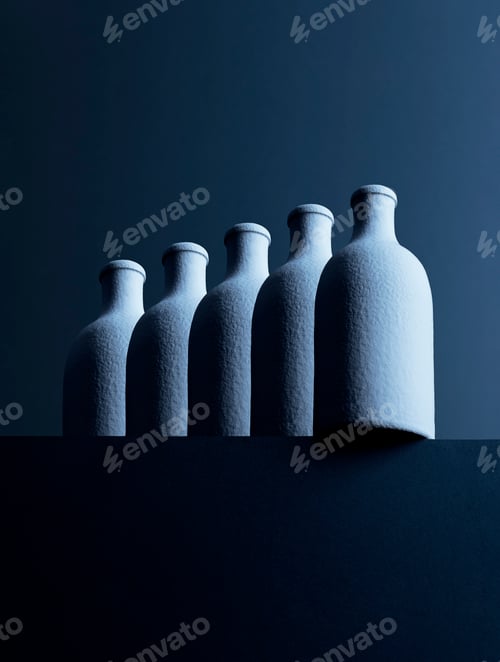 Preview: Row of five bottles in front of dark background, 3D-Rendering