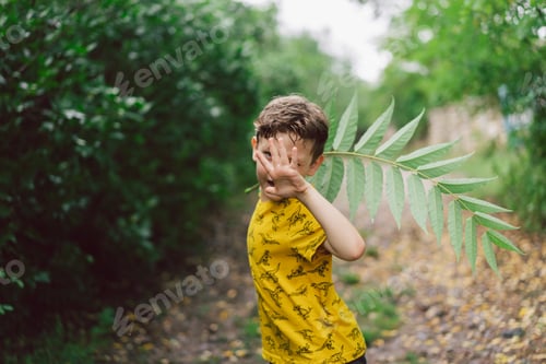 Preview: A six-year-old boy runs with green leaves in his hands in the countryside.
